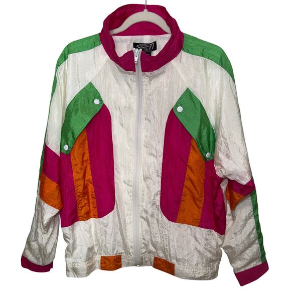 Vtg 90s TOTAL IMPACT Neon Color Block Windbreaker L - Picture 1 of 6